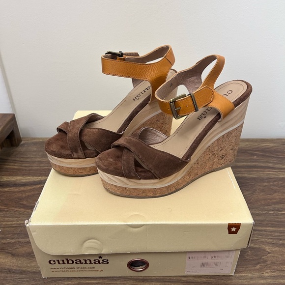 Cubanas Brown and Tan Wedge Sandals heels size 38 - Picture 1 of 6